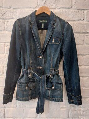 Ralph Lauren Denim Jacket Womens M 6 Blue Belted Metal Crested Buttons Waist Tie